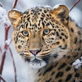 Portrait of a leopard in the snow, Panthera pardus