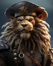 Portrait of a lion in a pirate costume on a dark background Royalty Free Stock Photo