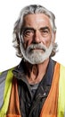 Portrait of senior man in reflective vest looking at camera against white background