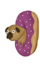 Illustration of a portrait of a small cartoon dog with a donut.