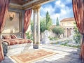 Watercolor Roman interior with decorative bed and serene garden Royalty Free Stock Photo