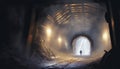 The illustration portrays the interior of a mine shaft enveloped in fog