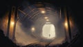 The illustration portrays the interior of a mine shaft enveloped in fog