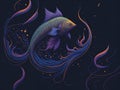 Illustration portrays a majestic fantasy fish, its scales reflecting a kaleidoscope of hues that seem to transcend reality