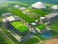 Illustration portrays a model of a factory set against a backdrop of an environmentally friendly green meadow.