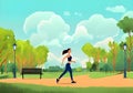 illustration portrays a peaceful park scene with a woman jogging amidst lush green and orange trees