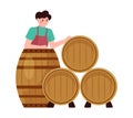 Illustration of positive guy stands next to wine barrels