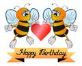 illustration, postcard happy birthday, painted bright bees hold a heart, lettering Happy birthday, postcard