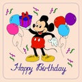 Illustration, postcard, mickey mouse with a gift congratulates happy birthday, minimalism design