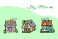 illustration, postcard, multicolored various painted houses