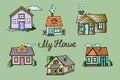 illustration, postcard, multicolored various painted houses, for paper