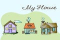 illustration, postcard, multicolored various painted houses, for paper