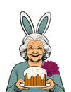 Illustration for a postcard. Portrait of a smiling granny with an Easter cake in her hands and a bunch of bunny ears on her head