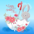 Illustration postcard or princess for a child`s room - cute rabbit in an umbrella with flowers, vector illustration in Royalty Free Stock Photo