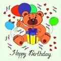 Illustration, postcard, tedy bear with balloons and a gift, happy birthday, minimalism design