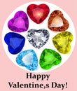 postcard for Valentine`s day with gems precious stones in the shape of a heart in different colors Royalty Free Stock Photo