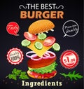 poster the best burger with lettuce, cucumber, tomato, cutlet and sesame bun ingredients