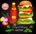 poster king among burgers with ingredients salad leaves, cucumbers, tomatoes, cutlets and a sesame bun