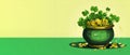 Illustration of a pot with gold coins and clover leaves, Patricks Day Royalty Free Stock Photo