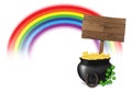 Illustration of pot of gold at end of rainbow, with wooden sign, horseshoe and lucky clover, isolated on white background Royalty Free Stock Photo