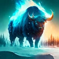 Illustration of a powerful bison in the snowy forest at night generative AI