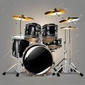 A powerful drum kit with glossy black shells and shimmering cymbals, ready to unleash a thunderous beat
