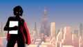 Superheroine Holding Book in City Silhouette