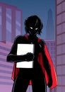 Superheroine Holding Book in City Vertical Silhouette