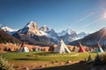 Illustration of prairie with native american wigwam camp