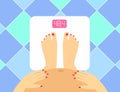 Illustration of Pregnant female legs and tummy on the floor scales. Vector weight watcher. Pregnant woman the concept of a health