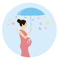 Illustration of pregnant woman and a cute butterflies. Pregnant woman with umbrella.