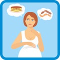 Illustration of a pregnant woman with an increased appetite. symptoms of pregnancy