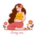 Illustration of pregnant woman touching her big belly