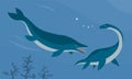 Illustration prehistoric underwater dinosaur mosasaurus vs plesiosaurus