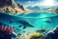 Illustration of prehistoric underwater extinct creatures, antediluvian era, earth history