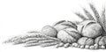 The illustration, presented in black and white, features an engraving of sliced bread and wheat sheaves, underscoring Royalty Free Stock Photo