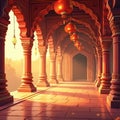 Illustration presents architectural corridor with arched ceilings pillars. Ornate design includes glowing lanterns warm light. Royalty Free Stock Photo