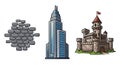 Architectural Evolution: Cartoon Brick Wall, Skyscraper, and Medieval Castle Side by Side Royalty Free Stock Photo