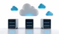 Illustration presents a concept of secure cloud storage. Three server units connect with clouds. Digital data backup and Royalty Free Stock Photo