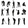 Big set of 15 black silhouettes of professional cleaners