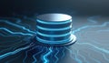 Illustration presents futuristic database concept. Cylindrical metallic structure with glowing blue lines data storage. Tech theme Royalty Free Stock Photo