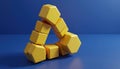 Illustration presents impossible triangle of yellow cubes on a blue background. Visual puzzle depicts concept of unsolvable Royalty Free Stock Photo