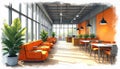 Illustration presents modern office interior design. Open workspace features orange sofas tables plants natural daylight. Royalty Free Stock Photo