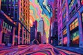 Psychedelic Urban Dreamscape: Vibrant City Street with Melting Sky and Swirling Road