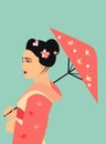 Illustration of the pretty geisha in traditional kimono