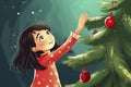 illustration, pretty girl and a christmas tree, ai generative Royalty Free Stock Photo