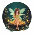 Illustration of a pretty young fairy sitting on a mushroom meditating.She is surrounded by nature.