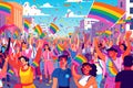 Illustration of a Pride parade with vibrant floats, marching bands, and people waving flags, showcasing the energy and joy of the Royalty Free Stock Photo