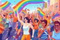 Illustration of a Pride parade with vibrant floats, marching bands, and people waving flags, showcasing the energy and joy of the Royalty Free Stock Photo