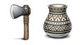 Primitive Hand Axe and Decorated Vase Isolated on White Background Royalty Free Stock Photo